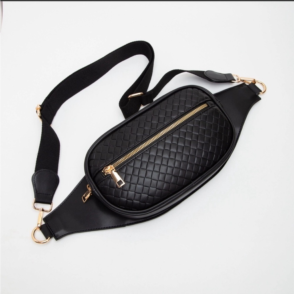Black Quilted Crossbody Belt Bag with Gold Hardware